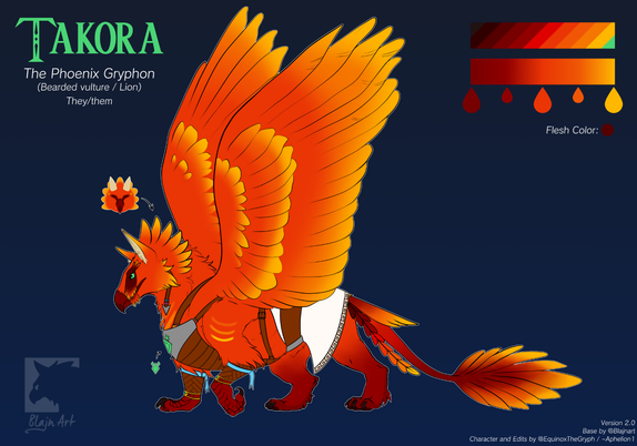 Feral refsheet of Takora the gryphon (Bearded vulture and lion hybrid with phoenix-like characteristics). The gryphon is wearing light armor and clothing. Base art by Blajn on Twitter. Edited by myself 