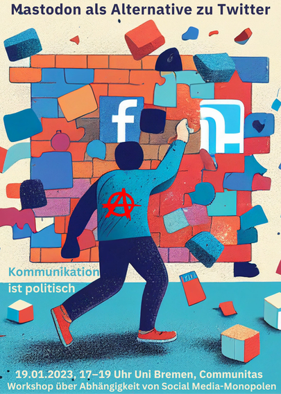 A depiction of a person smashing through a brick wall with the logos of Twitter, Facebook, and Instagram on it. Behind the wall, there is a wide open field with various colorful, smaller logos representing different alternative social networks.