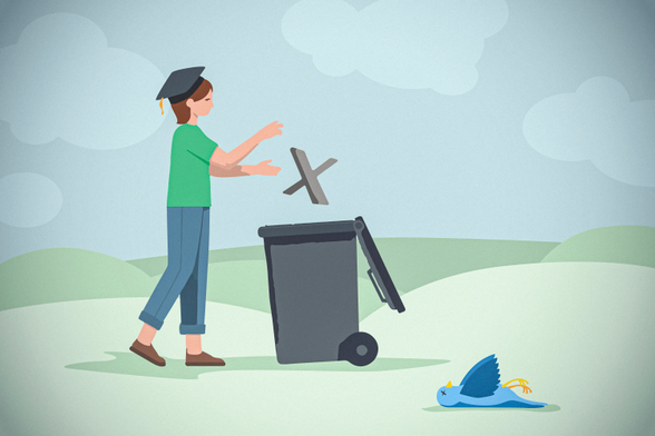 Illustration of a person who puts an X-log in a garbage bin