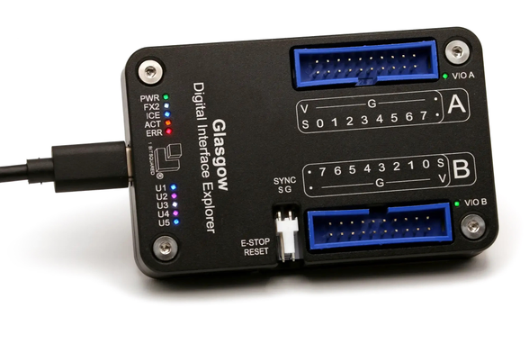 Glasgow revC inside its aluminium case. The case is black with white text. It says “Glasgow Digital Interface Explorer” includes legend describing the A and B IO connectors as well as the Sync connector, E-Stop button and VIO indicator LEDs. On the left are colored User led and system status LEDs.