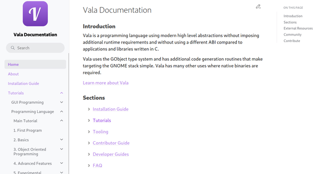 Screenshot of Vala Documentation Webpage