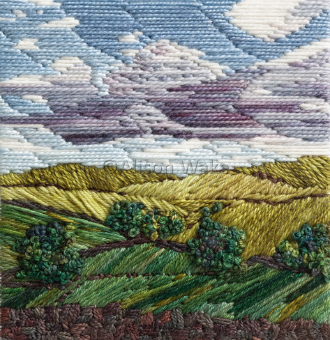 Stotxgwd artwork depicting a landscape of fields and stone walls. The sky has dark and white clouds as a storm has just cleared. The fields are bright green and darker green as a result.