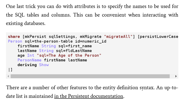 "One last trick you can do with attributes is to specify the names to be used for the SQL tables and columns. This can be convenient when interacting with existing databases."