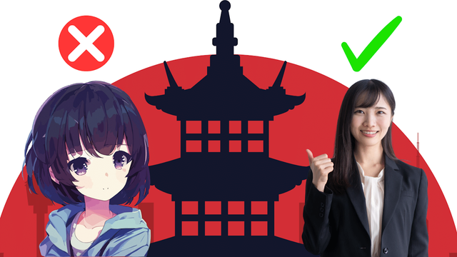 Stereotypical Japanese background with an anime girl on the left and an actual Japanese woman on the right. Picture urges you to choose good (right) rather than evil (left)