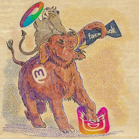 Mon avatar ragondin tient fièrement un bouclier Pixelfed tout en chevauchant un mastodonte Mastodon en colère. Le féroce éléphant écrase un logo Facebook avec sa trompe et un logo Instagram avec son pied.

My coypu avatar proudly holding a Pixelfed shield while riding an angry Mastodon. The ferocious elephant is crushing a Facebook logo with its trunk and an Instagram logo with its foot.