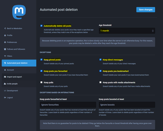 Interfaccia Web di Mastodon. Sezione "Automated post deletion" in cui sono evidenziate alcune impostazioni per la cancellazione automatica e delle eccezioni per mantenere post. Tra le eccezioni in evidenza "Keep pinned post", "Keep post you bookmarked"