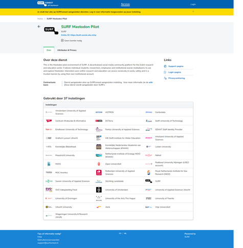 Screenshot of SURF Mastodon Pilot page on the SURF website.