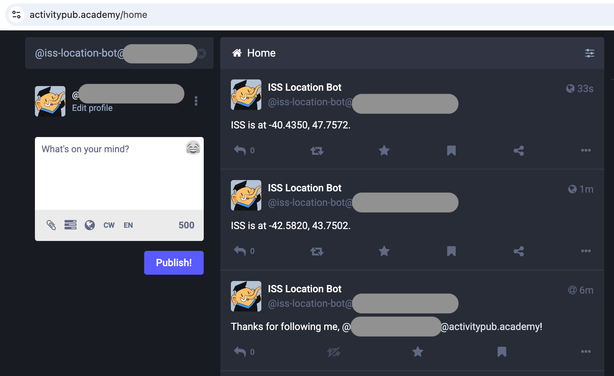 Mastodon UI on activitypub.academy showing posts from "ISS Location Bot" with geographic coordinates, a text input box, and a sidebar, with the server domains blurred.