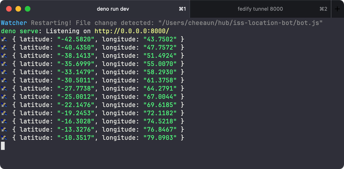 Terminal window with 2 tabs. First tab is running a script with `deno serve` and a list of console logs of ISS locations. Second tab is running `fedify tunnel 8000`.