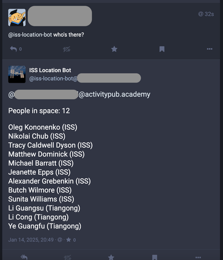 A Mastodon post from ISS Location Bot, replying to a post asking "who's there", showing a list of 12 people currently in space, including astronauts on the ISS and Tiangong.