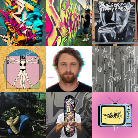 The image is a collage consisting of nine panels in total.
	•	Top row:
On the left, there’s an abstract, colorful artwork featuring graphic shapes and a stylized face. In the middle, a person is seen spray-painting graffiti on a wall. On the right, there’s a black-and-white portrait of a man with dramatic lighting and shadows.
	•	Middle row:
On the left is an artistic piece resembling a modern take on Da Vinci’s Vitruvian Man, combined with graphic elements. In the middle, there’s a man with a neutral expression, while the background is slightly distorted and color-edited. On the right, there’s a monochromatic pattern of repeating stylized faces.
	•	Bottom row:
On the left is a scene of a realistically painted person sitting in an armchair, depicted in a somewhat gloomy environment. In the middle, someone is holding a skateboard with a colorful, artistic design. On the far right is a pop-art-style image of a TV with a graffiti tag on the screen, set against a pink background.

The image combines elements of street art, modern art, and classical styles.