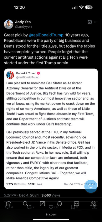 Great pick by @realDonaldTrump. 10 years ago, Republicans were the party of big business and Dems stood for the little guys, but today the tables have completely turned. People forget that the current antitrust actions against Big Tech were started under the first Trump admin