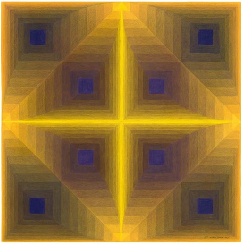Square abstract drawing of symmetrical yellow cross within a diamond within a circle, composed of subtle gradient squares in gold and purple