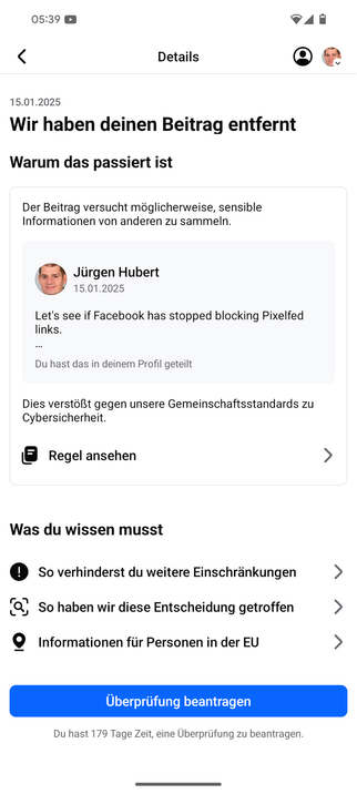 A German Facebook notification warning me that my link to Pixelfed violates community standards 