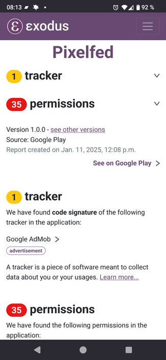 Screenshot of exodus privacy score for the Pixelfed androud app, showing one tracker: google admob