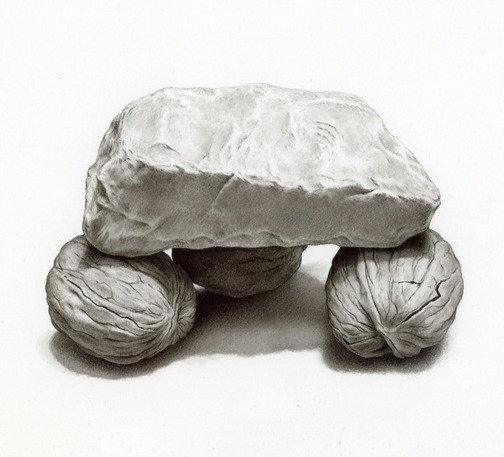 [FR - English below] Une grosse pierre assez plate est posée sur trois noix, dont une est fissurée. L'ensemble ressemble à un dolmen. Dessin à l'encre de Chine au lavis.

[EN] A large, fairly flat stone is placed on three walnuts, one of which is cracked. The whole setup resembles a dolmen. Drawing in Indian ink wash.