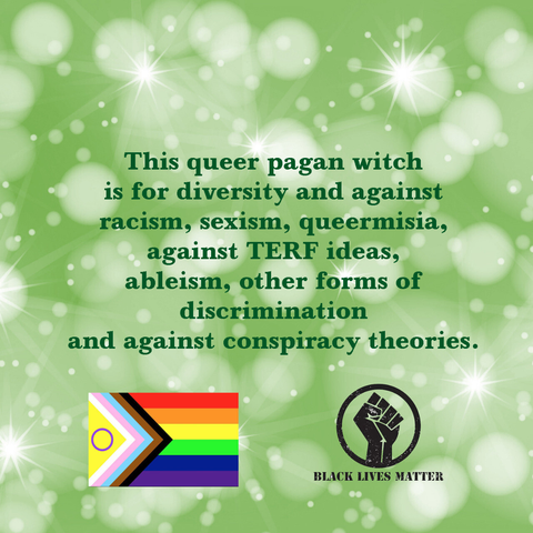 Text: This queer pagan witch is for diversity and against racism, sexism, queermisia, against TERF ideas, ableism, other forms of discrimination and against conspiracy theories.

pictures:
progressive pride flag
and a Black Lives Matter Logo with a fist