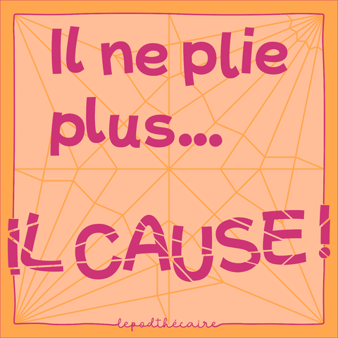 le logo de mon podcast, "Il ne plie plus… il cause !" le fond montre en filigrane le canevas de plis d'une grue traditionnelle.