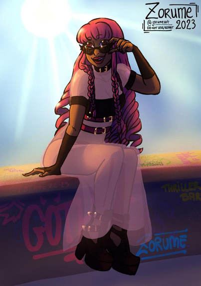 A digital illustration representing Perona from One Piece, sitting on a road wall on a beautiful sunny day.
She has brown skin, pink hair in curly cascades, bright red-pink eyes under her black batwings sunglasses, and is wearing a see-through pink dress on top on a black body and with a black top and red-pink belts on top of it. She wears black platform boots. 
The wall has numerous tags, my signature being one of the tags.