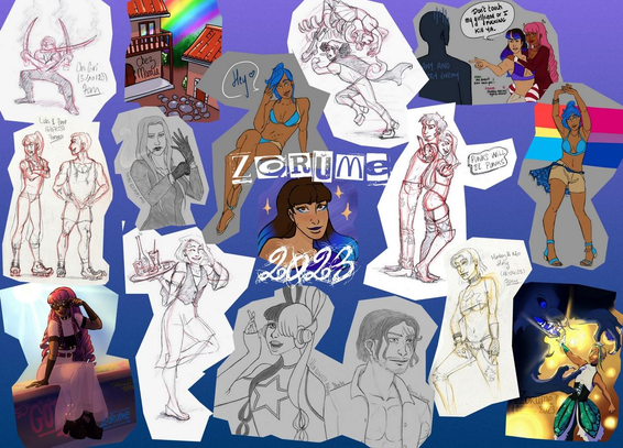 A collage of my art from 2023. There are many traditional sketches and a few digital illustrations. At the center is my avatar with written "Zorume 2023". 