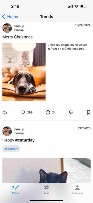 screenshot of a tabbed trends view with the posts tab selected

Detected text:

2:19< HomedansupdansupMerry Christmas!• 299dansupdansupHappy #caturday#caturdayPostsTrends12/24/2024Drake my doggo on his couchin front on a Christmas tree241/12/2025#TagsAccounts