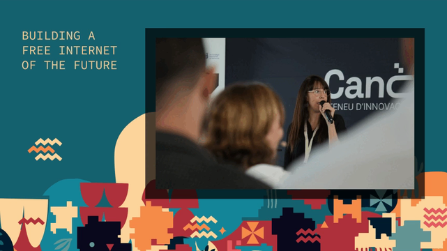 A looping GIF highlighting a series of scenes from Building a Free Internet of the Future. Frame 1 shows a speaker addressing an audience, holding a microphone, with a banner in the background featuring the phrase "Building a Free Internet of the Future." Subsequent frames feature additional images, including close-ups of audience members attentively listening, shots of speakers presenting on stage, and vibrant, abstract visuals with colorful shapes representing innovation and creativity. The transitions between frames create a dynamic and engaging atmosphere that reflects collaboration and forward-thinking.