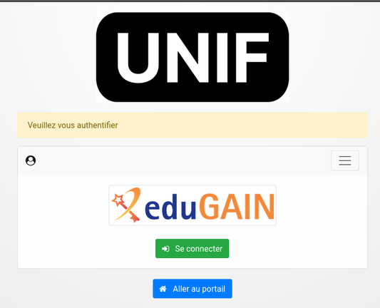 Caprure d'écran de l'accueil du serveur d'authentification UNIF, avec le logo eduGAIN et le bouton « se connecter ».