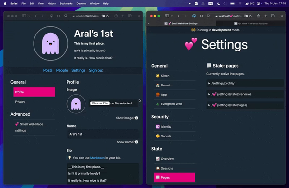 Screen recording of two web browser windows, side by side. The one on the right is showing Kitten’s Settings page at state: pages. I open the detail veiw for the /settings/profile route and see its ID, session id, number of connected sockets (1) and an empty Events table with name and data.

On the left, an instance of the /settings/profile route is open in the browser. I change the value of the Name field (erasing the t and s from Aral’s 1st) and I see two events pop up on the page on the right (Name: name, Data: { name: 'Aral’s 1s'}) and  (Name: name, Data: { name: 'Aral’s 1'}). Then I add the deleted letters back and see the event (Name: name, Data: { name: 'Aral’s 1st'}). Finally, I toggle the Show name? and Show Image? checkboxes on and off and see the events (name: howOrHide, { showOrHide: 'on', item: 'Image' }), (name: showOrHide, { item: 'Image' }, showOrHide	{ showOrHide: 'on', item: 'Name' })