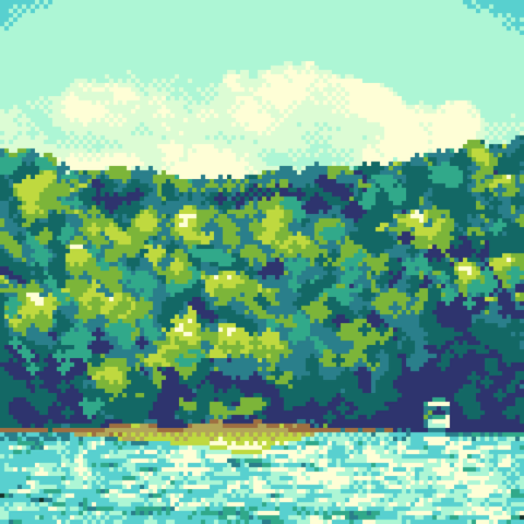 A pixel art illustration of an island with dense trees, dipping to show the sky with a cloud, with the lower portion showing rippling water that leads to the shore of the island with a small boat parked to the side.