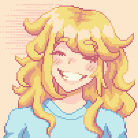 A pixel art illustration of a blonde girl with a very large grin.