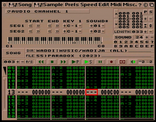 Screenshot of Soundtracker pro 2 on the Amiga playing Madija's track 'Paradox'