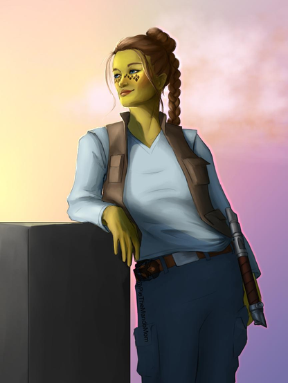 Star wars alien gal standing next to some crates with her lightsaber on her hip, looking at the sunrise