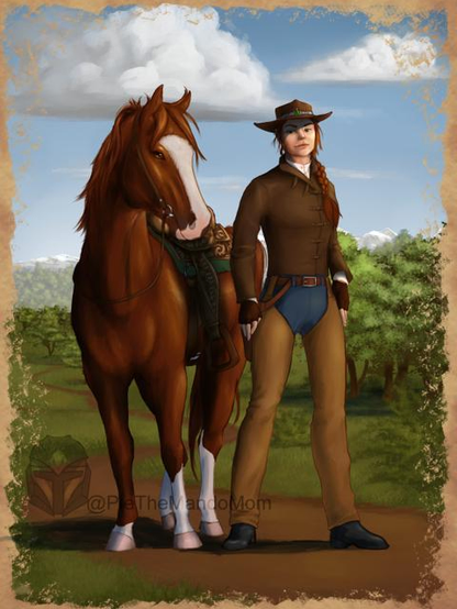 Oc miss fox, a redheaded cowgirl gunslinger and her horse Copper stand on a path way in a large valley