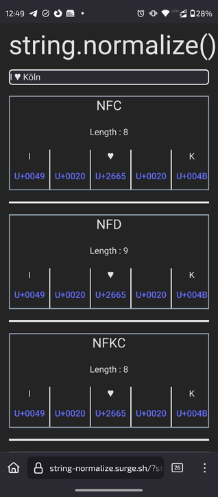 mobile view of string normalize web page, showing NFC, NFD and NFKC normalization forms of text "I ♥ Köln" is visible