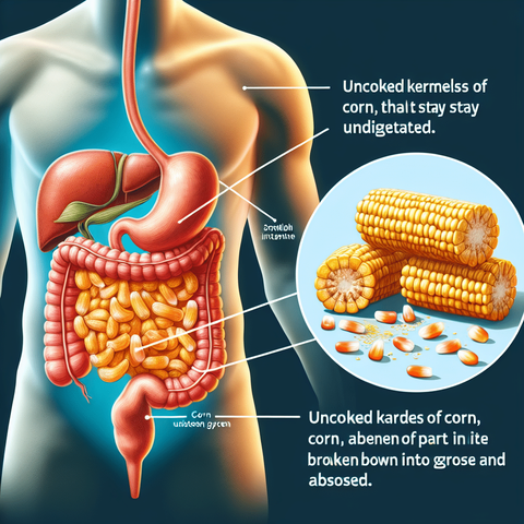 A blatantly AI-generated image purporting to depict how corn travels through the human gastrointestinal system. It shows large corn kernels clogging up the abdomen, outside of the intestines. A corn plant has apparently sprouted in the person's thorax and is growing leaves. The text is all gibberish like "Uncoked kardes of corn, corn, abenen of part in ite broken bown into grose and absosed."