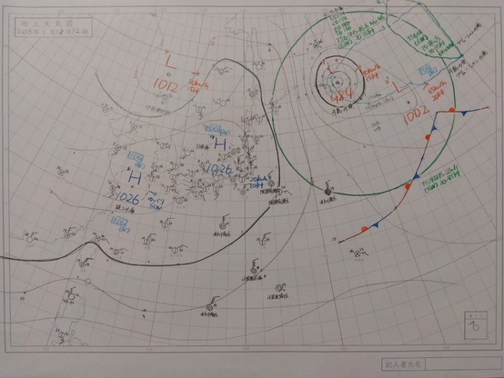 2025年1月18日正午の気象通報を基に描いた天気図