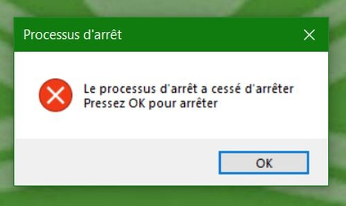 Fenêtre d'erreur critique sous Windows : "Processus d'arrét : Le processus d'arrét a cessé d'arréter Pressez OK pour arréter"