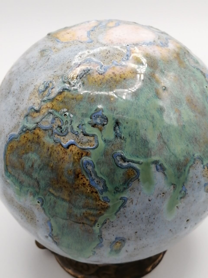 A view of the ceramic globe where you can see Africa, Europe and part of Asia.