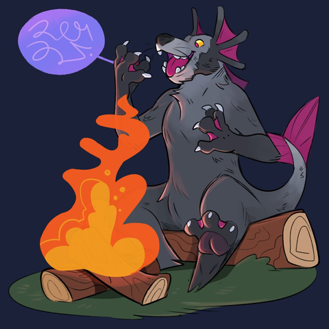 The Strange Seawolf telling their story by the campfire. It is a cartoon style drawing of a grey wolf with fins at their paws and ears and a mermaid-like tale. They speak in an alien language in a speaking bubble above their head.