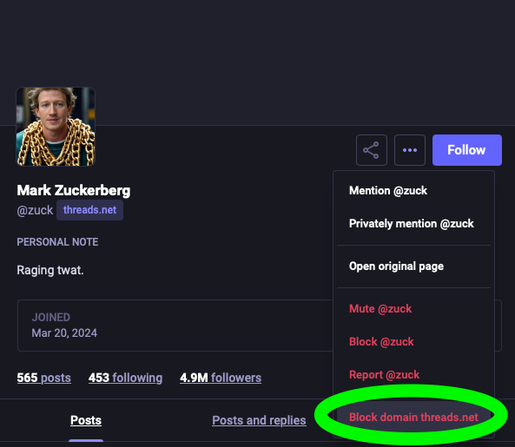 Screen capture of Mark Zuckerberg's Threads account, as seen from Mastodon web UI. The three-dot menu is opened, and the "Block domain threads.net" option is highlighted. It's also circled in bright high-contrast green in the screen capture to draw attention to it. Anyone who's paying attention to the other details on the screen capture will observe Mastodon's "Personal Note" feature being used, which reads "Raging twat".