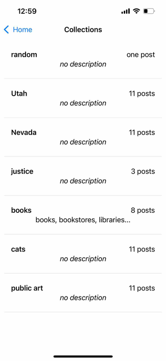 a screen titled Collections with a list of rows each with a name and description and number of posts including one titled books
