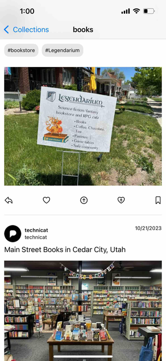screen titled books showing two posts that have photos of bookstores