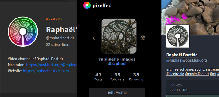 My 3 fedivers account side by side, Peertube, Pixelfed, Mastodon. My profile picture has a minor color/texture change for each of them.