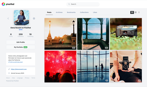 a screenshot of my Pixelfed feed as it appears on the web. On the left you can see my profile photo and bio. On the right there is a grid with 6 photos from my archives that I really like, showing scenes from Paris, Lake Como and two of my favorite cameras