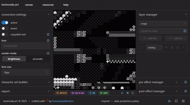 Capture d’écran animée de l’interface utilisateur de textmode.art.