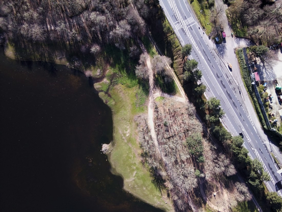 A la izquierda de la imagen se ve una masa de agua. En la zona central una masa boscosa y un área vede. En la parte izquierda la carretera comarcal OU536