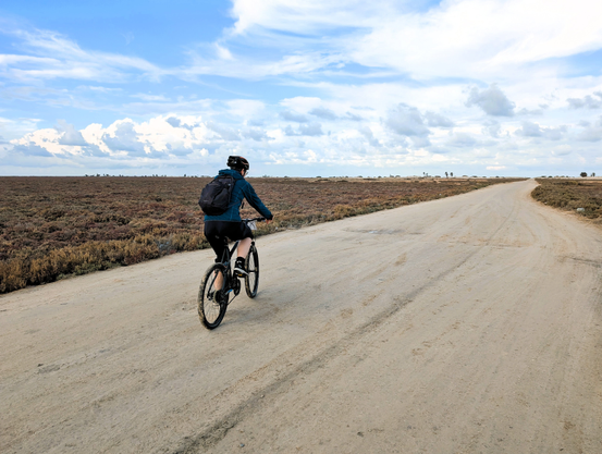 Photo of Anna, seen from behind as she is cycling on a sandy underground through an open landscape under a blue sky.