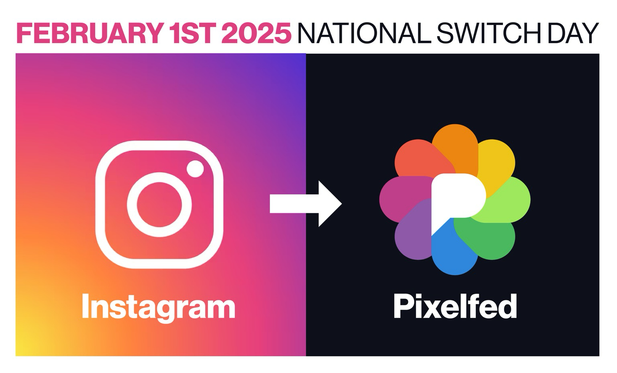 Instagram logo on the left, a white arrow in the middle pointing to the right, on the right side the pixelfed logo. Above is a text proposing national switch day on February first