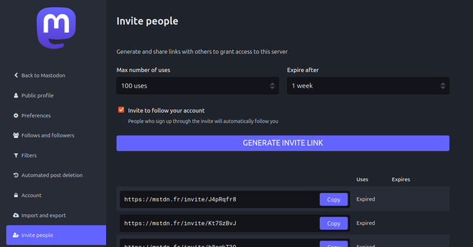 Invite links to join your Mastodon instance.