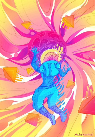 Colorful illustration of an astronaut floating in space, making first contact with an unknown entity in the form of a giant ball of convulsive energy.